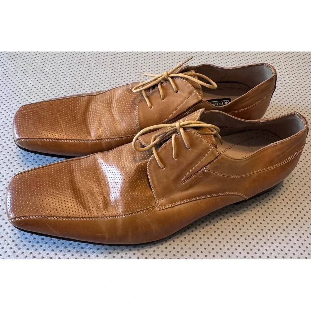 Stacy Adams Mens Dress Shoes Tan Cognac Leather Perforated Square Toe Oxford 13M